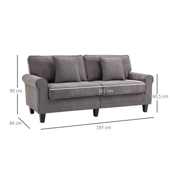 Canapé 3 places dim. 197L x 84P x 90H cm coussin déco. inclus pieds bois massif pin tissu aspect velours côtelé gris 3