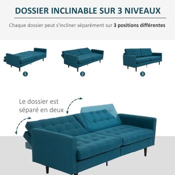 Canapé convertible 2 places design contemporain dossier inclinable indépendamment 3 positions lin bleu canard 4
