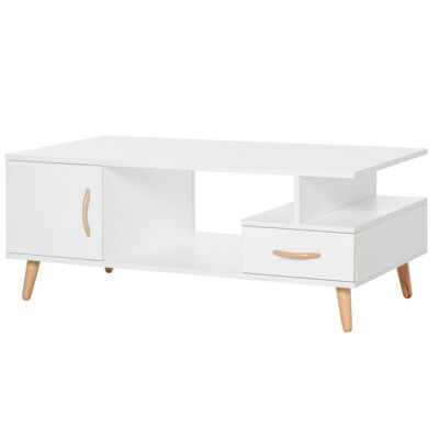 Table basse rectangulaire design scandinave 100L x 50l x 40H cm niche + tiroir & placard bois massif pin panneaux particules blanc
