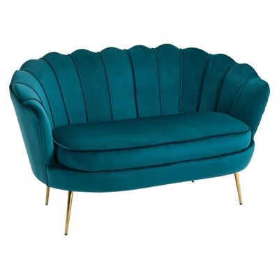 2-Sitzer-Schalensofa, Design-Sofa, Maße: 130 L x 77 B x 77 H cm, konische goldene Füße aus entenblauem Samt