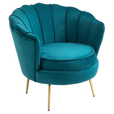 Muschel-Sessel, Design-Sessel, Maße: 79 L x 77 B x 77 H cm, konische goldene Beine, entenblauer Samt