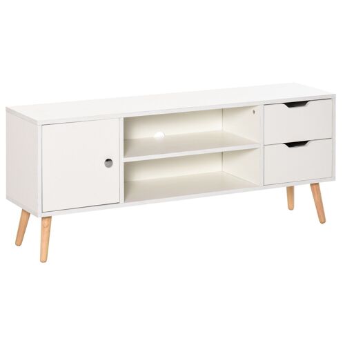 Meuble TV banc TV style scandinave placard 2 niches 2 tiroirs passe-fils panneaux particules blanc bois pin
