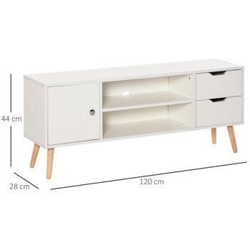 Meuble TV banc TV style scandinave placard 2 niches 2 tiroirs passe-fils panneaux particules blanc bois pin 3