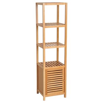 Meuble colonne rangement salle de bain bambou design naturel 36L x 33l x 140H cm 2 étagères 4 niveaux + placard 1