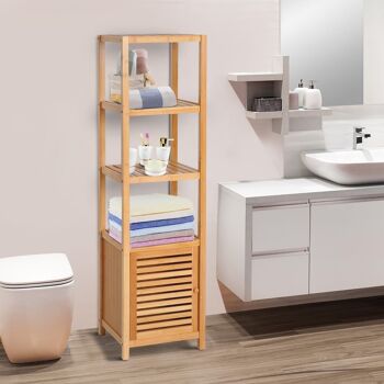 Meuble colonne rangement salle de bain bambou design naturel 36L x 33l x 140H cm 2 étagères 4 niveaux + placard 2