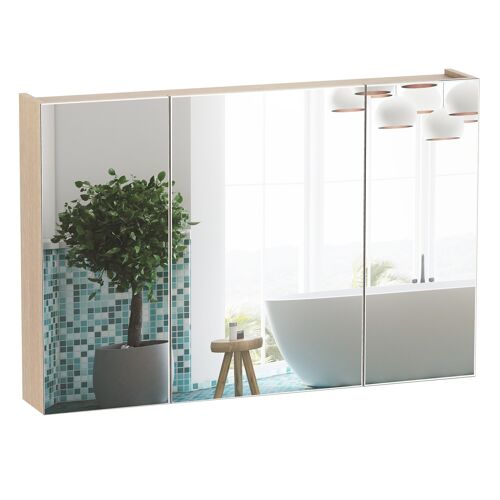 Armoire murale miroir salle de bain 3 portes 3 étagères dim. 90L x 14l x 60H cm panneaux particules chêne clair