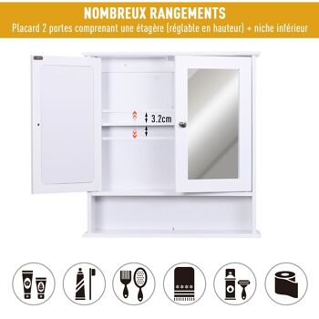 Armoire murale étagère salle de bain 56L x 13l x 58H cm double porte miroir étagère réglable MDF blanc 4