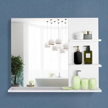 Miroir de salle de bain avec étagères - 2 étagères latérales + grande étagère inférieure - kit installation fourni - MDF blanc 2