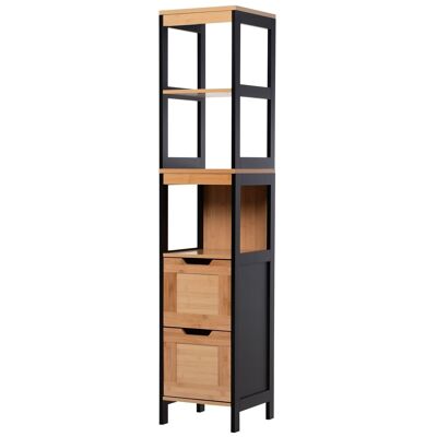 Badezimmer-Säulenschrank im gemütlichen Stil, Maße: 30 L x 30 B x 144 H cm, 3 Regale, 2 Schubladen, schwarzes MDF-Bambus