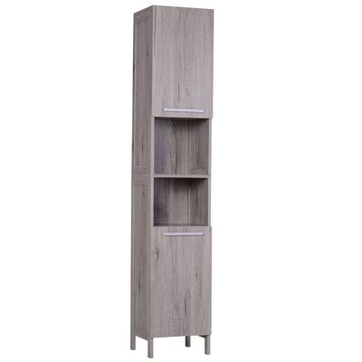 Mueble columna de almacenamiento de baño Dim. 30L x 32W x 172H cm 2 armarios con estante + 2 nichos de MDF imitación madera gris