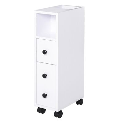 Low white bathroom storage column cabinet on wheels dim. 18L x 30W x 68.5H cm