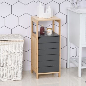 Meuble colonne rangement salle de bain style cosy dim. 32L x 30l x 80H cm porte étagères niche bambou gris 2