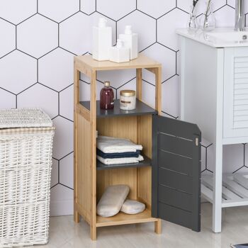 Meuble colonne rangement salle de bain style cosy dim. 32L x 30l x 80H cm porte étagères niche bambou gris 4