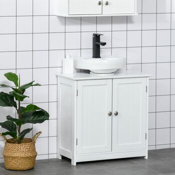 Meuble vasque - meuble sous-vasque - 2 portes rainurées avec étagère réglable - poignées métal chromé - dim. 60L x 30l x 60H cm - MDF blanc 2