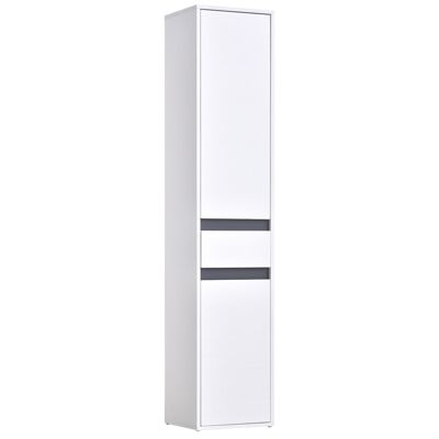 Contemporary style bathroom storage column cabinet 2 cupboards 3 shelves and sliding drawer white particle board