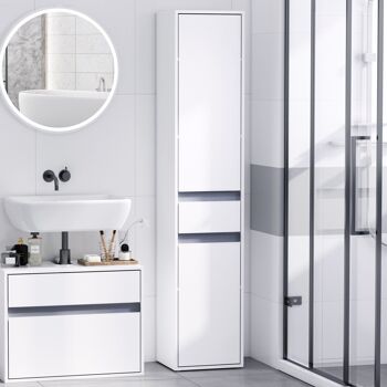 Meuble colonne rangement salle de bain style contemporain 2 placards 3 étagères et tiroir coulissant panneaux particules blanc 2