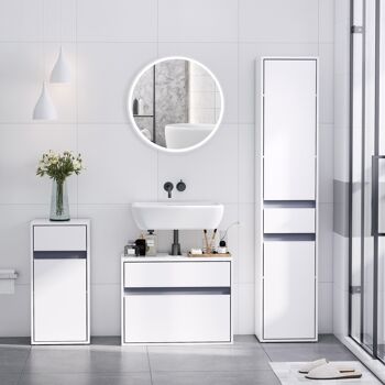 Meuble colonne rangement salle de bain style contemporain 2 placards 3 étagères et tiroir coulissant panneaux particules blanc 4