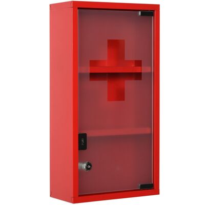 Medicine cabinet 2 shelves 3 levels lockable frosted tempered glass door cross logo 25L x 12W x 48H cm red steel