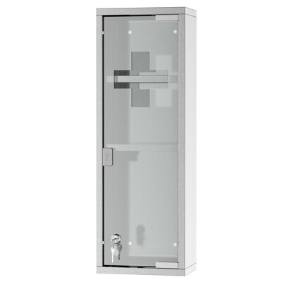 Medicine cabinet 2 shelves 3 levels 20L x 12W x 58H cm tempered glass door stainless steel cross symbol.