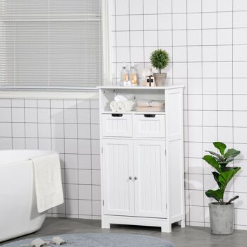 Meuble bas de salle de bain multi-rangements grande niche 2 tiroirs placard double porte avec étagère MDF blanc 2