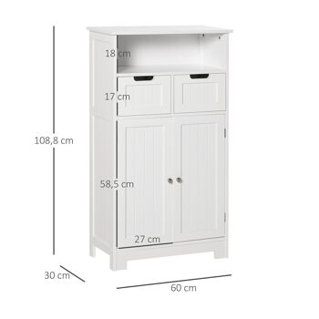 Meuble bas de salle de bain multi-rangements grande niche 2 tiroirs placard double porte avec étagère MDF blanc 3