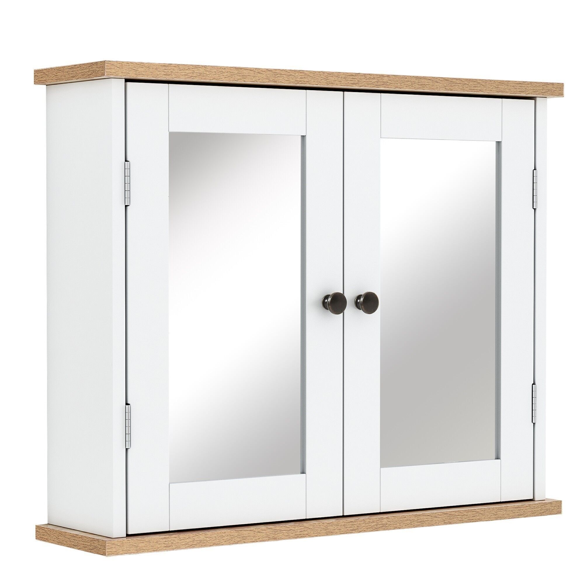 Armoire murale de salle de bain avec étagère réglable et 2 portes avec miroir en MDF - dim. 56I x 14P x 46H cm