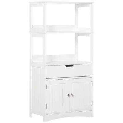 Bathroom storage unit - 2 doors, drawer, 3 shelves - size 60L x 33W x 122H cm - white MDF