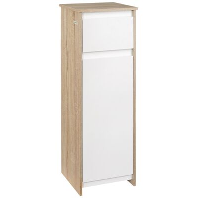 Niedriger Badezimmer-Säulenschrank im gemütlichen Stil, Maße: 32 L x 30 B x 90 H cm, Türregal, Schublade, MDF, weiß, helle Eichenoptik