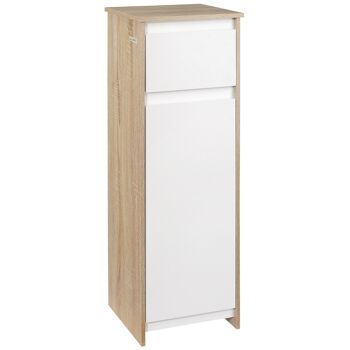 Meuble colonne bas salle de bain style cosy dim. 32L x 30l x 90H cm porte étagère tiroir MDF blanc aspect chêne clair 1