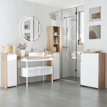 Meuble colonne bas salle de bain style cosy dim. 32L x 30l x 90H cm porte étagère tiroir MDF blanc aspect chêne clair 2