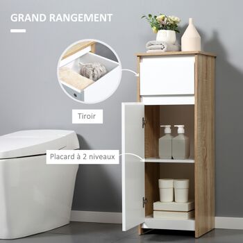 Meuble colonne bas salle de bain style cosy dim. 32L x 30l x 90H cm porte étagère tiroir MDF blanc aspect chêne clair 3