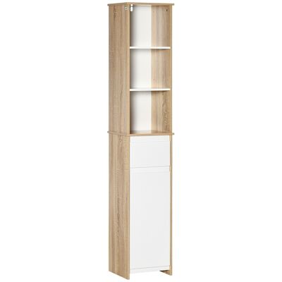 Gemütlicher Badezimmer-Säulenschrank mit 3 Nischen, Schubladenschrank und weißem Regal in heller Eichenoptik