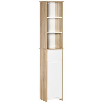 Meuble colonne rangement salle de bain style cosy 3 niches tiroir placard avec étagère blanc aspect chêne clair 1