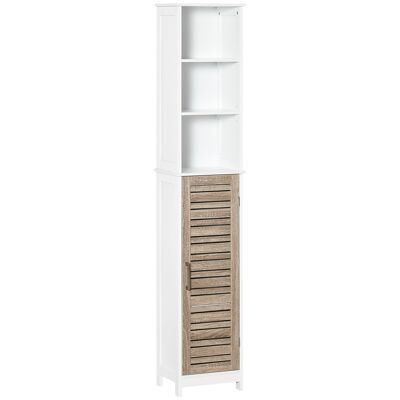 Mueble columna de almacenamiento para baño de estilo acogedor Dim. 34L x 26W x 172H cm 3 nichos de puerta listones de madera 3 estantes