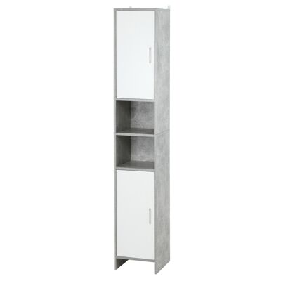 Mueble columna de almacenamiento de baño Dim. 30L x 30W x 180H cm 2 armarios con balda + 2 nichos de aglomerado efecto cemento blanco