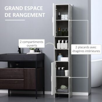 Meuble colonne rangement salle de bain dim. 30L x 30l x 180H cm 2 placards avec étagère + 2 niches panneaux particules aspect ciment blanc 4