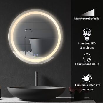 Miroir salle de bain lumineux LED 35 W - dim. Ø 60 x 4H cm - fonction anti-buée, interrupteur tactile, luminosité réglable - alu. verre 5