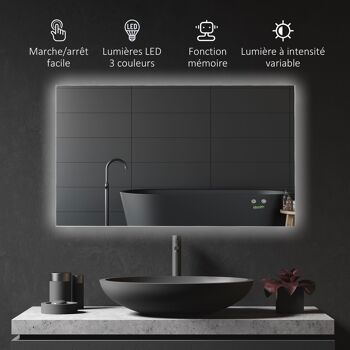 Miroir salle de bain lumineux LED 42 W - dim. 90L x 3l x 60H cm - fonction anti-buée, interrupteur tactile, luminosité réglable - alu. verre 5