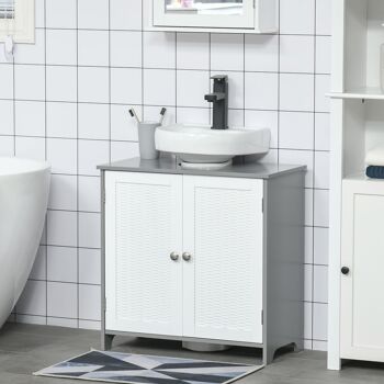 Meuble salle de bain - meuble sous-vasque - placard 2 portes aspect résine tressée avec étagère - MDF blanc gris 2
