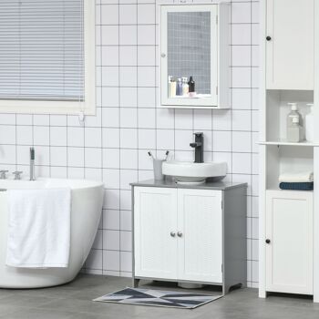 Meuble salle de bain - meuble sous-vasque - placard 2 portes aspect résine tressée avec étagère - MDF blanc gris 4