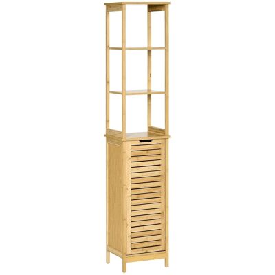 Cozy style bathroom storage column cabinet dim. 34L x 30W x 173H cm slatted door 3 bamboo shelves MDF light wood look