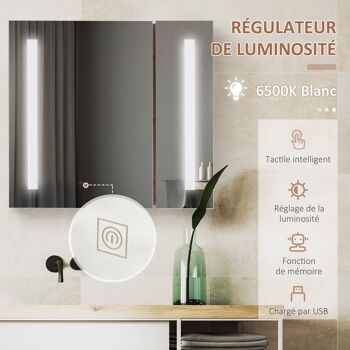 Miroir lumineux LED armoire murale design de salle de bain 2 en 1 dim. 70L x 15l x 65H cm MDF aspect bois 4