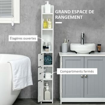 Meuble bas colonne rangement salle de bain WC 3 portes 2 niches étagère blanc 5