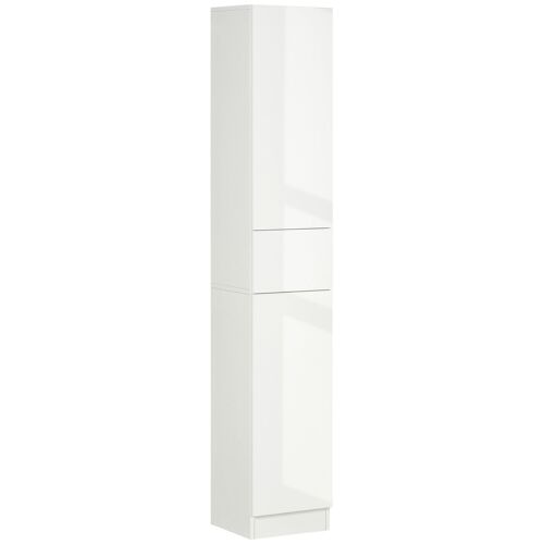 Meuble colonne rangement salle de bain style contemporain façade laquée 2 portes 3 étagères tiroir panneaux MDF blanc