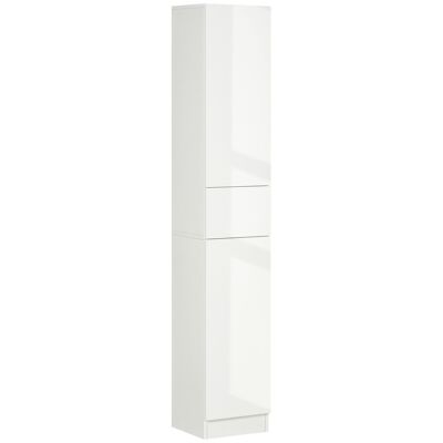 Contemporary style bathroom storage column cabinet lacquered front 2 doors 3 shelves drawer white MDF panels