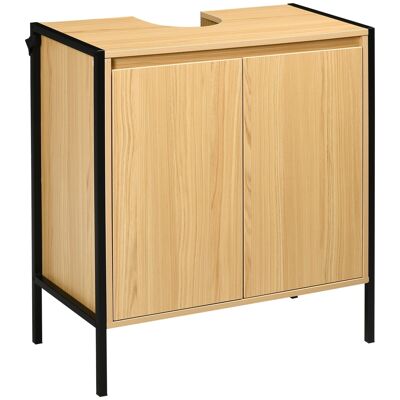 Mueble de baño - tocador - 2 puertas, balda regulable - medidas 60L x 30W x 65H cm - estructura de acero negro, paneles con aspecto de madera clara