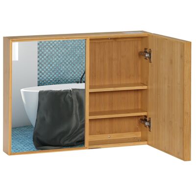 Espejo de baño con armario de 2 puertas - 2 estantes - madera de bambú barnizada