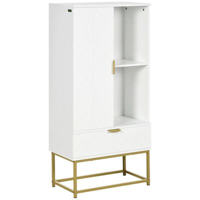 Designer-Badezimmerschrank – Tür, Regal, Schublade, 2 Nischen, 1 Schublade – vergoldeter Stahl, weißes MDF