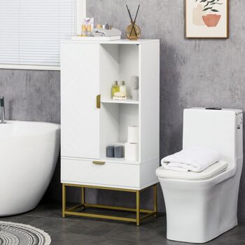 Meuble bas de salle de bain design - porte, étagère, tiroir, 2 niches, 1 tiroir - acier doré MDF blanc 2