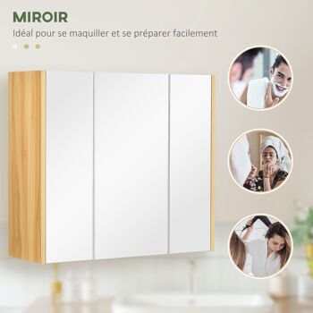 Armoire miroir salle de bain 3 portes 4 étagères aspect bois clair blanc 5